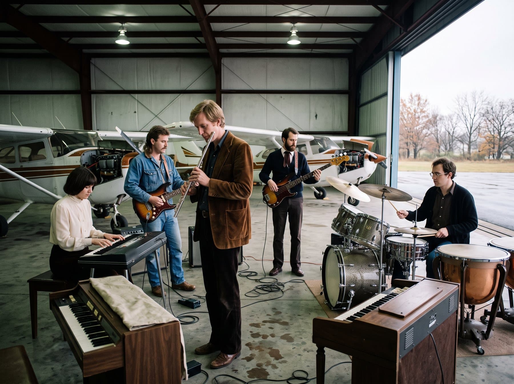 A five-piece band rehearsing among light aircraft in a hangar in Dayton, Ohio, 1983