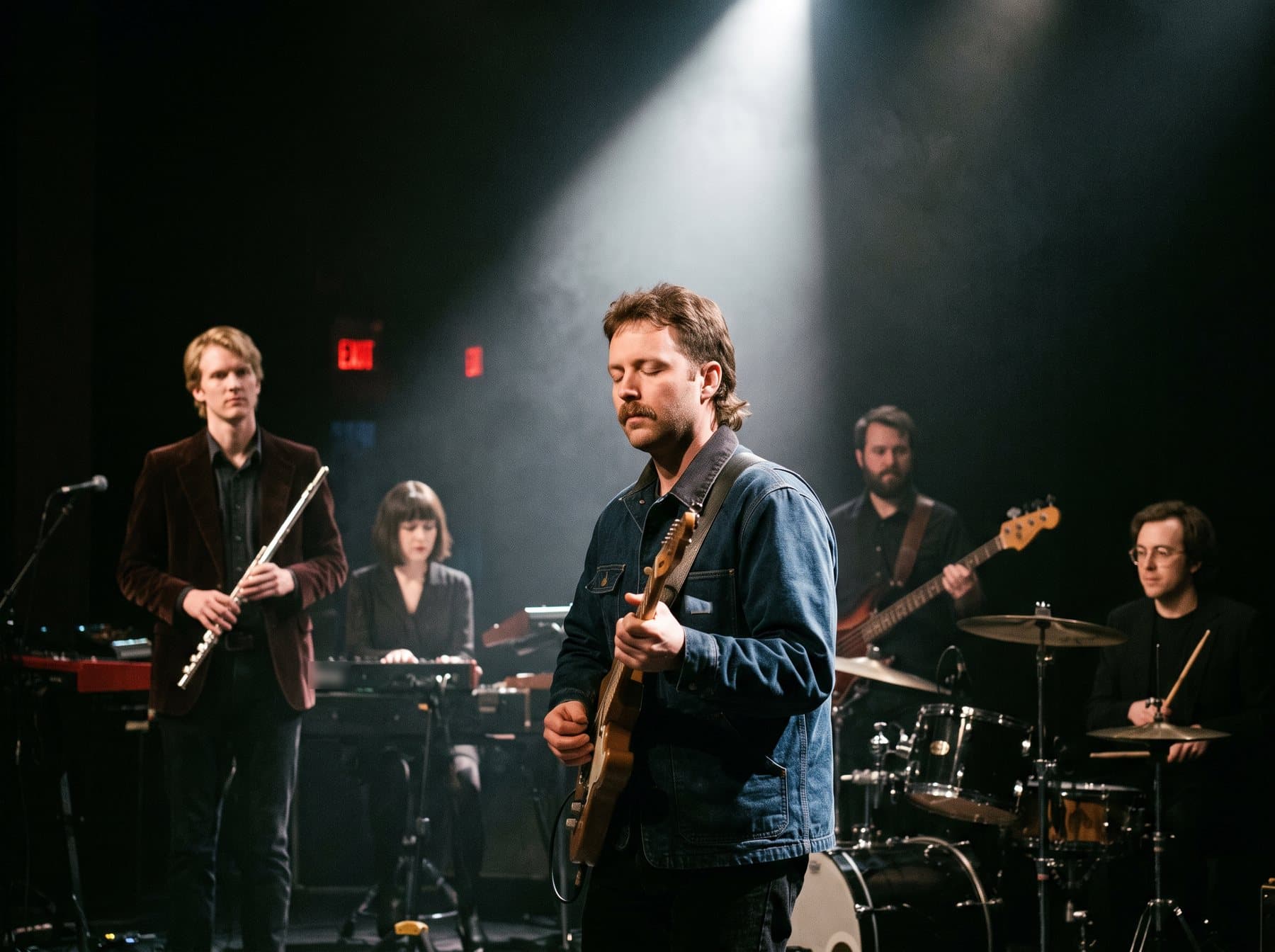 A rhythm guitarist under a single spotlight on a dark stage, the rest of the band in shadow