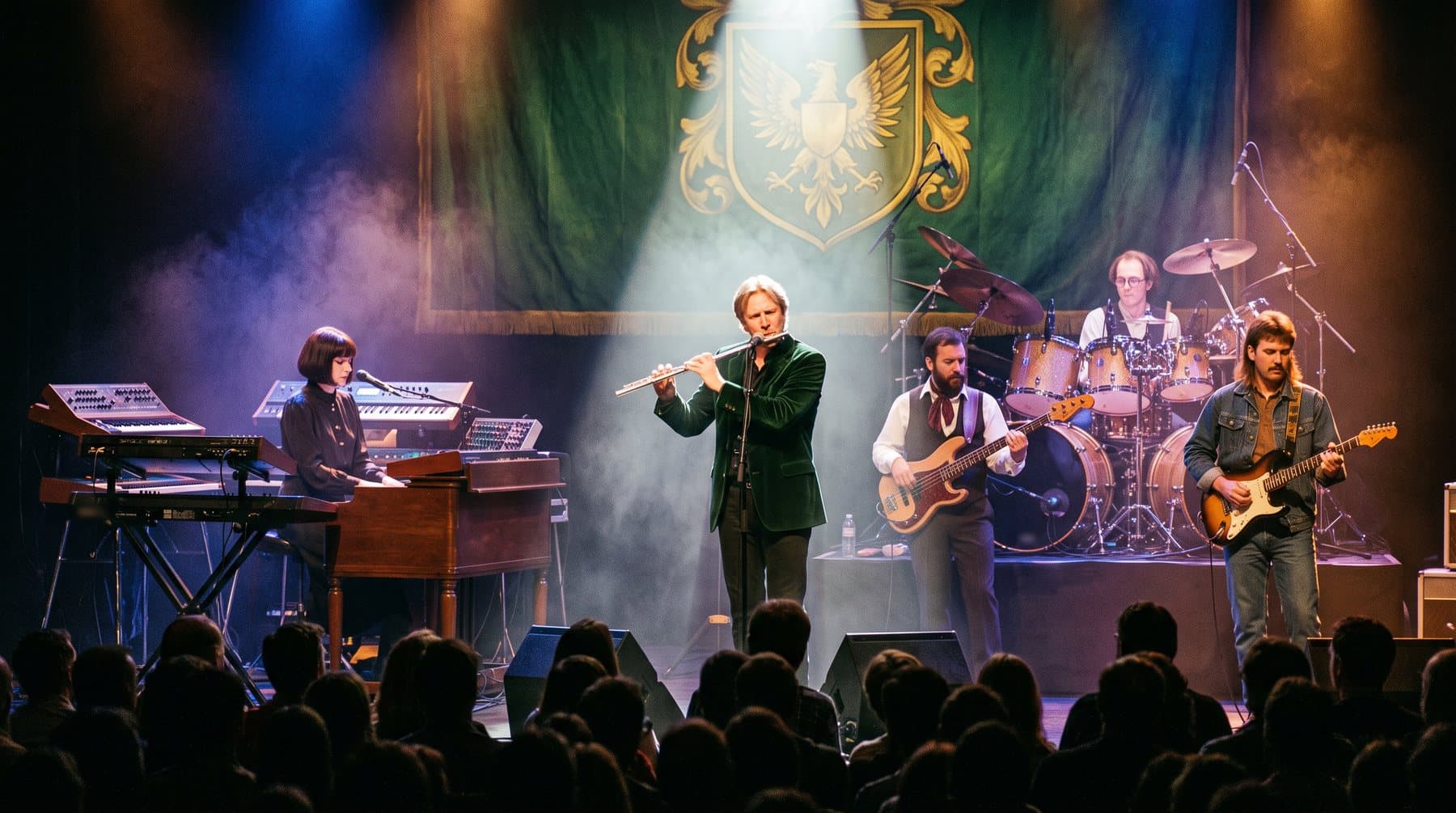 A progressive rock band on a large stage, the flautist lit at the front, a crest on the backdrop
