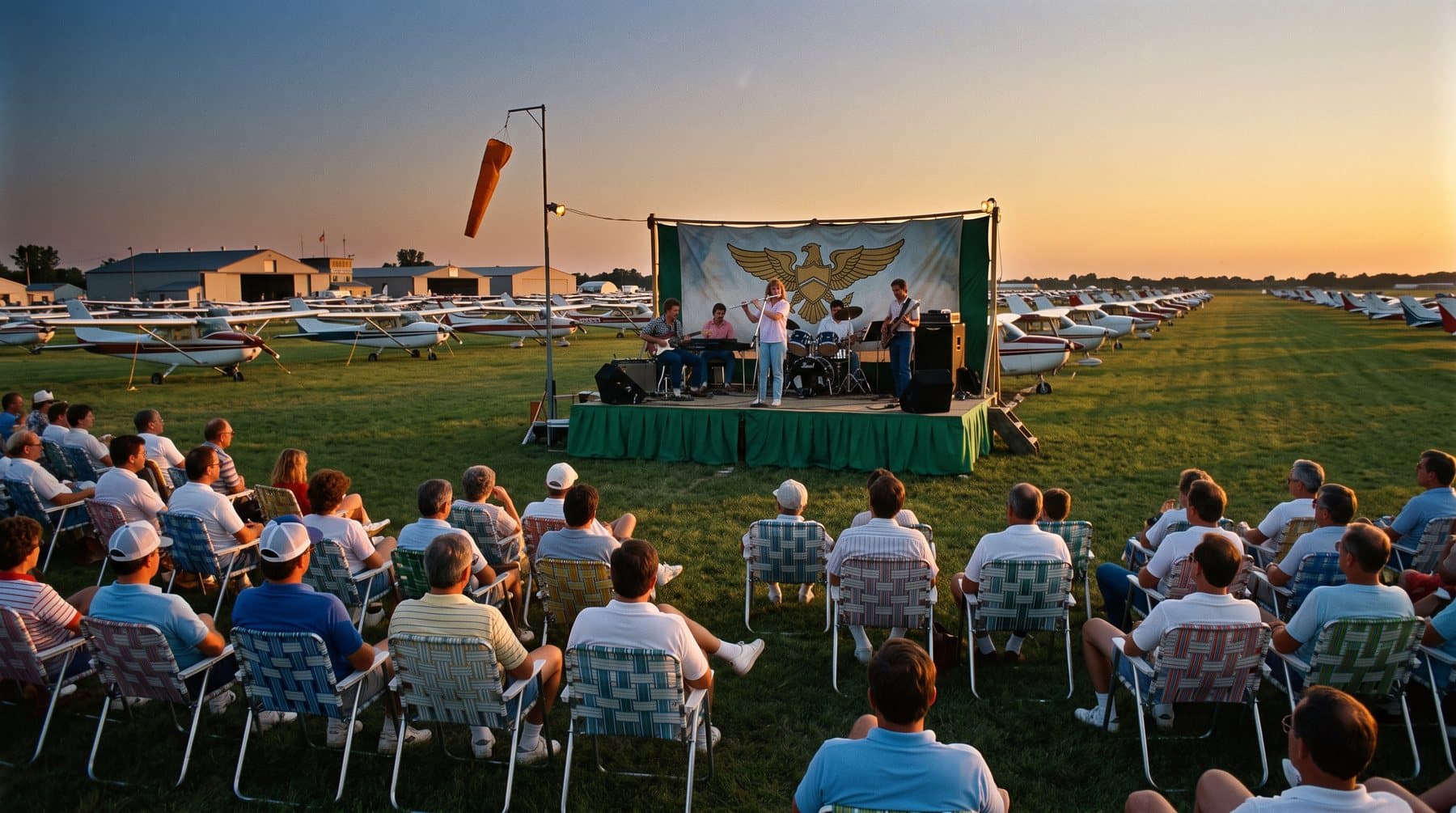 A crowd on folding chairs on a summer airfield at dusk, rows of parked light aircraft behind a stage