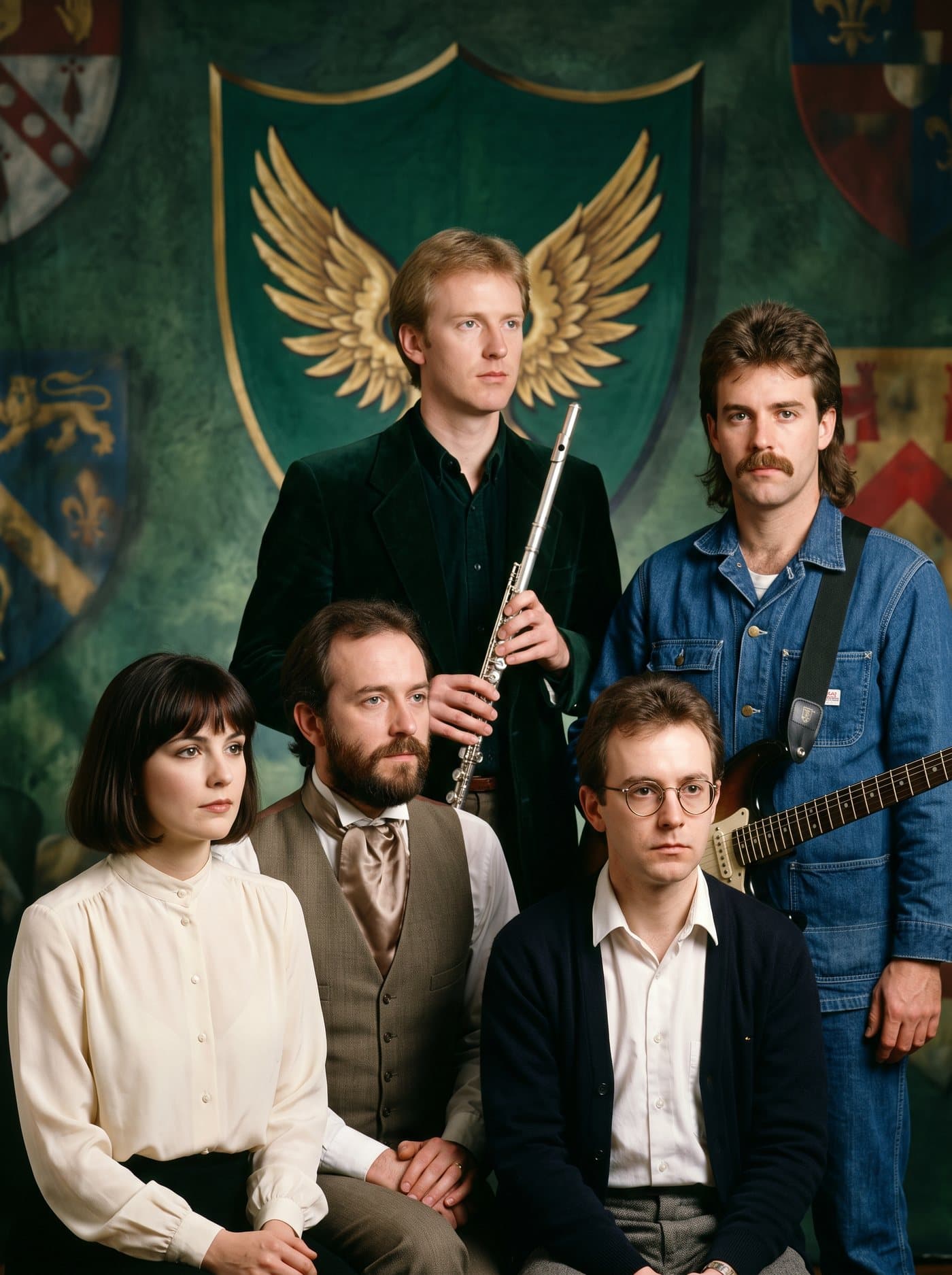 Five musicians posed formally in front of a painted heraldic backdrop, one in an American work jacket